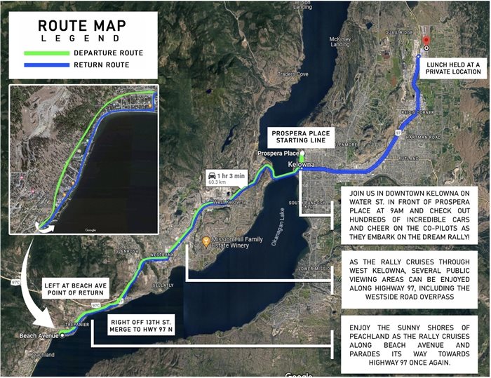 A map of the route with times for the best viewing.