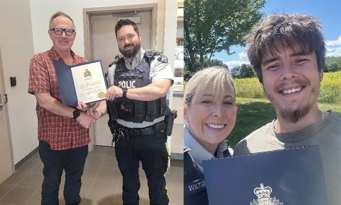 Ken MacKenzie receiving an award from an RCMP officer on the left, and Nicholas Froese receiving his award on the right. 