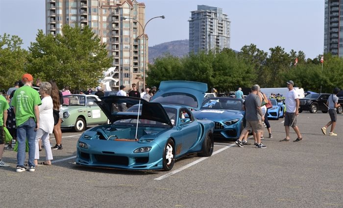 The Prospera Place parking lot overflowing with radical rides for the Okanagan Dream Rally on July 27, 2024. 