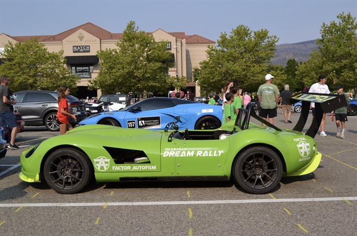 A green Lucra with a racing spoiler at the Okanagan Dream Rally on July 27, 2024. 