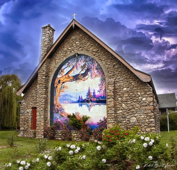 St Stephens Anglican Church in Summerland has cobblestone walls and a beautiful mural. 