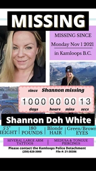 This poster shows Shannon White has been missing from Kamloops for 1000 days. 