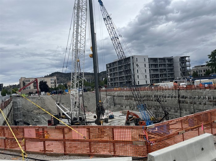 UBCO has resumed construction on its downtown tower campus. Hadgraft Wilson Place can be seen in the background of this photo from June, 2, 2024. 