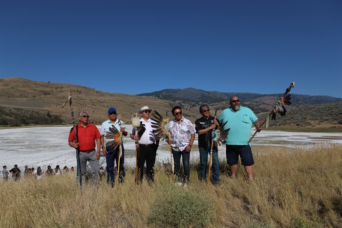 The chiefs of six syilx Okanagan member communities gather for a picture during the opening ceremony of the nation’s annual general assembly and Youth leadership summit at kllilx’w (Spotted Lake) in sw?iw?s (Osoyoos) in syilx Okanagan homelands on July 24. From left to right: Byron Louis, Okanagan Indian Band; Greg Gabriel, Penticton Indian Band; Dan Manuel, Upper Nicola Indian Band; Robert Louie, Westbank First Nation; Clarence Louie, Osoyoos Indian Band; and Keith Crow, Lower Similkameen Indian Band.