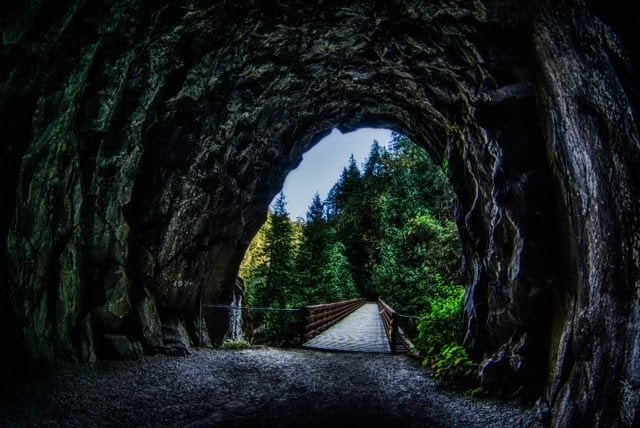 This section of the Othello Tunnels near Hope shows a tunnel and a bridge before atmospheric river damage in 2021.