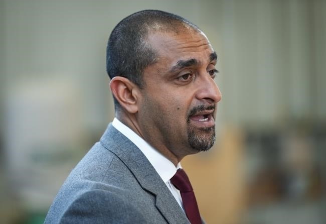 Minister of Housing Ravi Kahlon speaks during an announcement about digital homebuilding permits at the British Columbia Institute of Technology's carpentry building, in Burnaby, B.C., on Monday, May 27, 2024. 