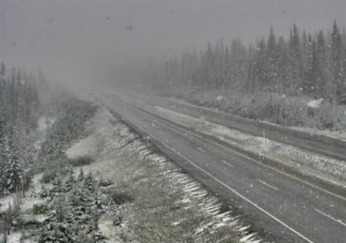 Snow can be seen via a webcam at the Pennask Summit on Highway 97C, the Okanagan Connector, Tuesday, Aug. 27, 2024.