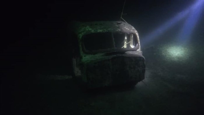 An old ice cream truck sits at the bottom of Okanagan Lake at Wilsons Landing. 