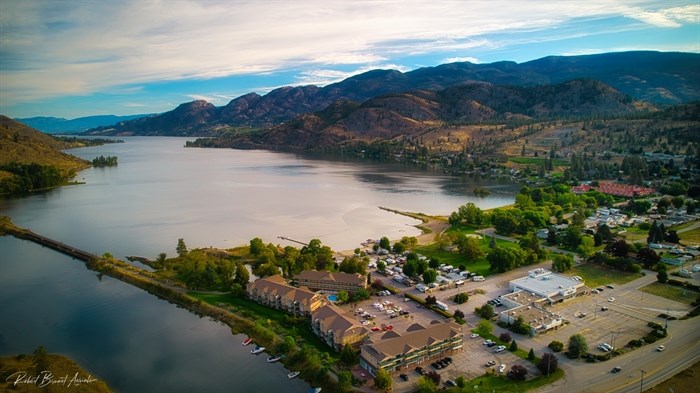 Skaha Lake at Okanagan Falls as seen from high in the air. 