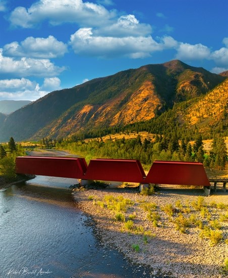 This red bridge photographed by a drone is located in Keremeos.