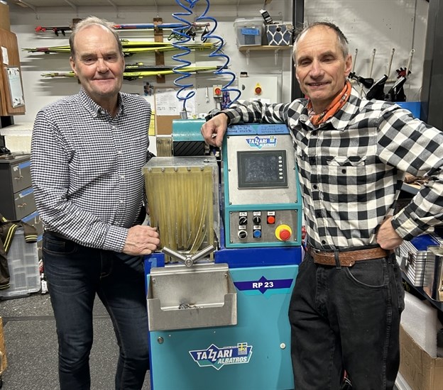 Stussi Sport's Lars Goldmaker (left) and Owner Ron Metza (right) with stone grinding machine