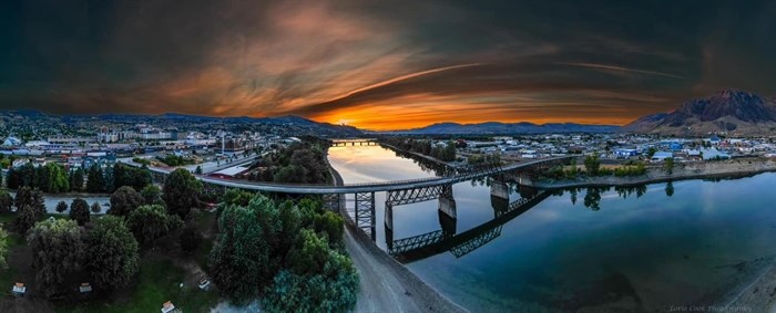 Kamloops' Red Bridge is seen from afar in 2023.