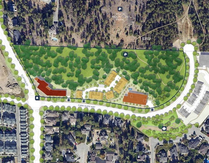 The initial plan for the development with the mixed-use building on the left, townhomes in the middle, and apartment building on the right with the park addition highlighted in green in the Kelowna city council agenda for Oct. 8, 2024.