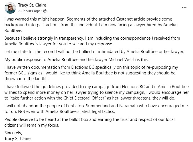 Tracy St. Claire responded to Boultbee's letter with a statement to social media, seen in this screenshot.