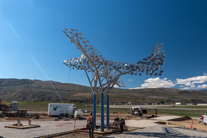 A metal sculpture in Kamloops honouring fallen jet pilot Jennifer Casey is seen under construction in April. 