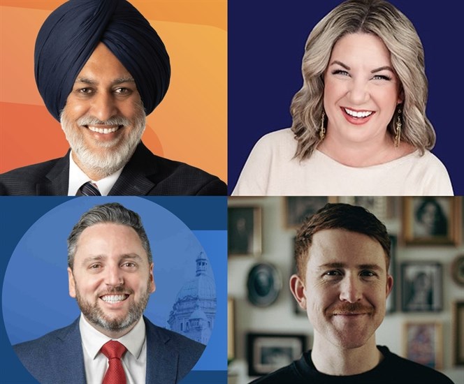 Kelowna-Mission candidates; BC NDP Harpreet Badohal (top left), independent Ashley Ramsay (top right), BC Conservative Gavin Dew (bottom left), and BC Greens Bily Young (bottom right).