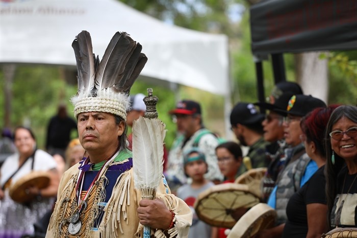 skwelcampt, from syilx and Secwépemc Nations, is pictured at a salmon feast and celebration at sx???x??nitk? (Okanagan Falls) on Sept. 22. Photo by