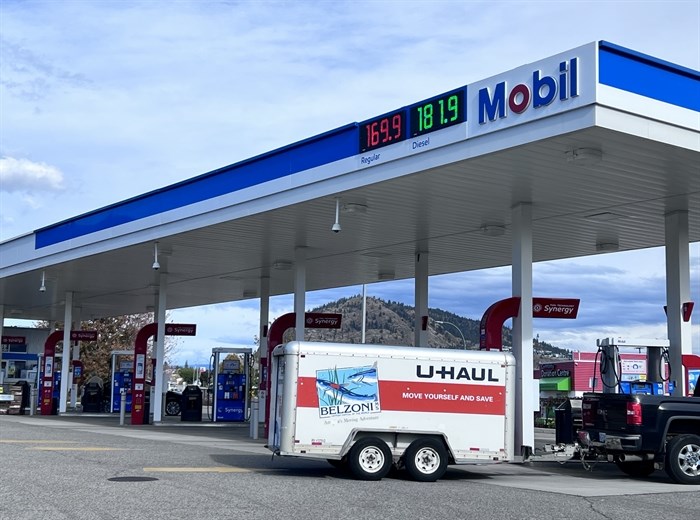 A Mobil gas station in West Kelowna selling gas for $1.69 a litre while the national average is $1.51 heading into the long weekend on Oct. 9, 2024.