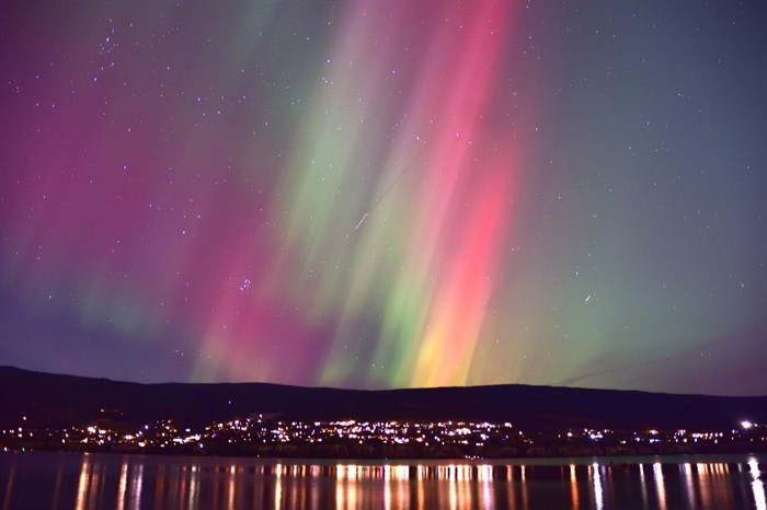 Aurora borealis shimmers over Okanagan Lake near Summerland. 