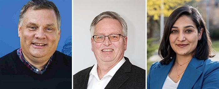 Kamloops Centre 2024 election candidates Peter Milobar, Randy Sunderman and Kamal Grewal (left to right).