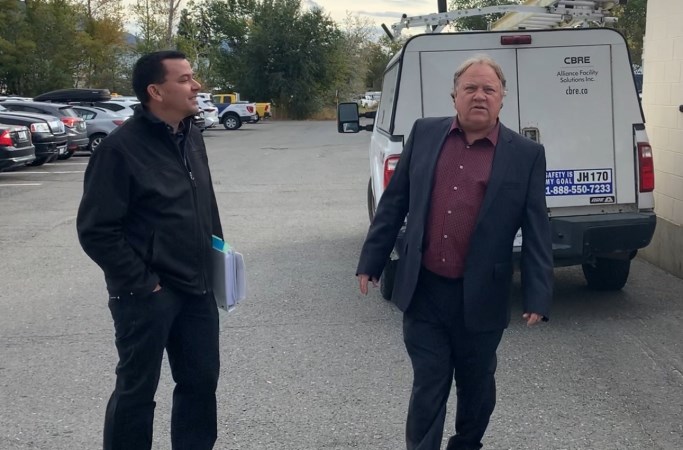 Kamloops mayor Reid Hamer-Jackson (right) with friend and advisor Arthur Loring (left) seen after leaving the Kamloops courthouse on Oct. 16, 2024.