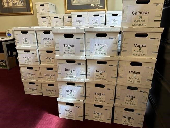 FILE - Boxes of petitions signed for a proposed ballot measure expanding Arkansas' medical marijuana program sit in a committee room at the Arkansas Capitol in Little Rock, Ark., July 5, 2024. 