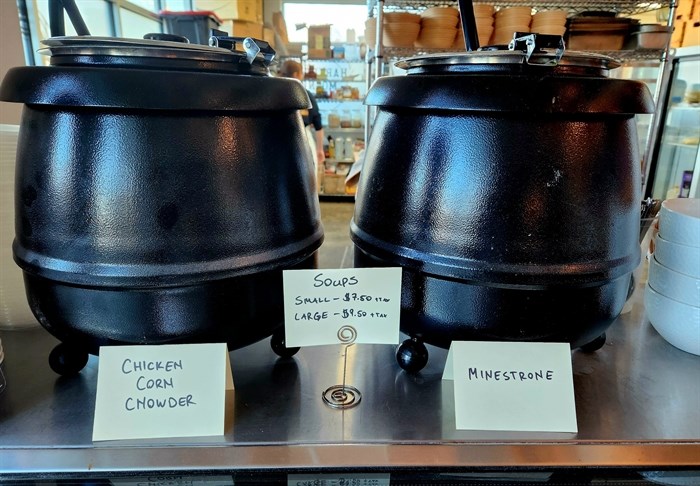 Cauldrons of soup simmer at Harvest Moon Bakery in Kamloops. 