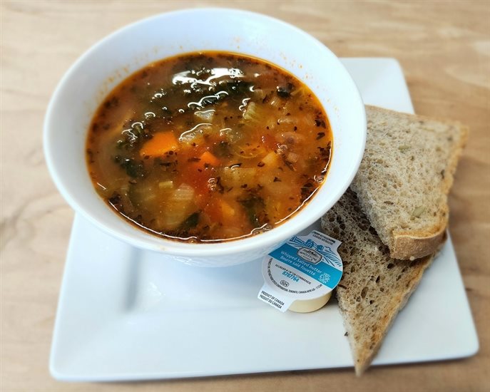 Veggie minestrone is one of many kinds of soups made from scratch at Harvest Moon Bakery in Kamloops. 