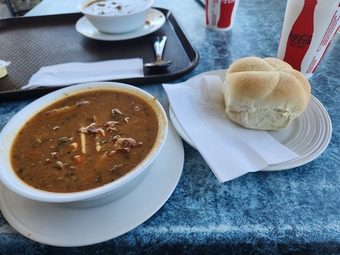 Tomato beef soup and a bun can be found at Wood Fire Bakery in Kelowna. 