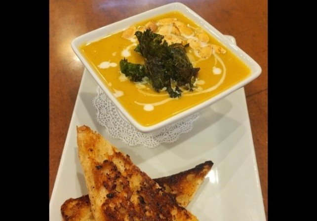 Roasted pumpkin soup with focaccia bread is served at Rise and Shine Coffee House in Okanagan Falls.