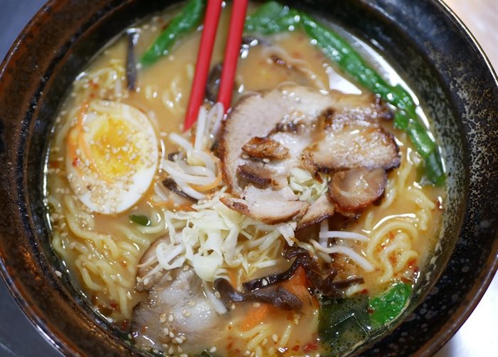 This bowl of ramen and pork dim sum can be found at Sushi Genki. 