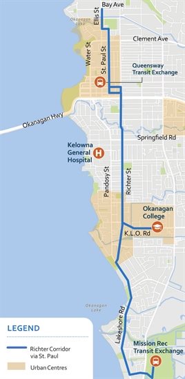 The route for the proposed transit corridor with more buses, and eventually the potential for light rail transit. 