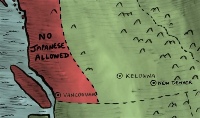 An artistic map of the 100 mile Japanese exclusion zone in 1942 from the documentary 