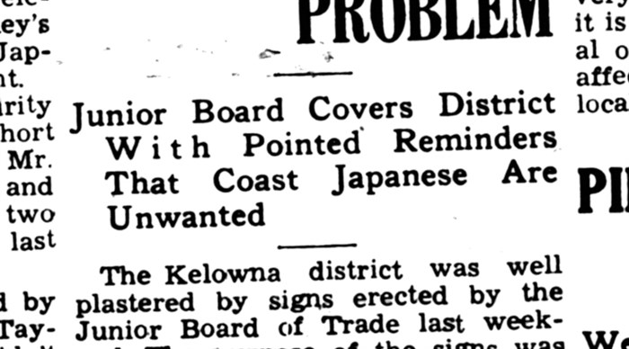 An archived photo of a Kelowna Daily Courier article about the racist signs.