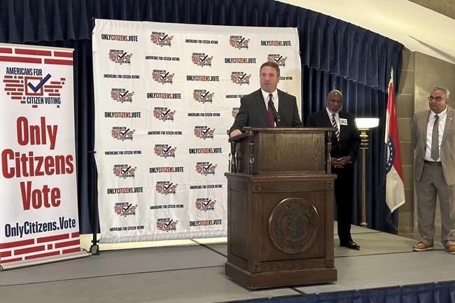 Missouri Attorney General Andrew Bailey speaks in support of a state constitutional amendment limiting voting to only U.S. citizens during a press conference, Oct. 10, 2024, at the state Capitol in Jefferson City, Mo. 