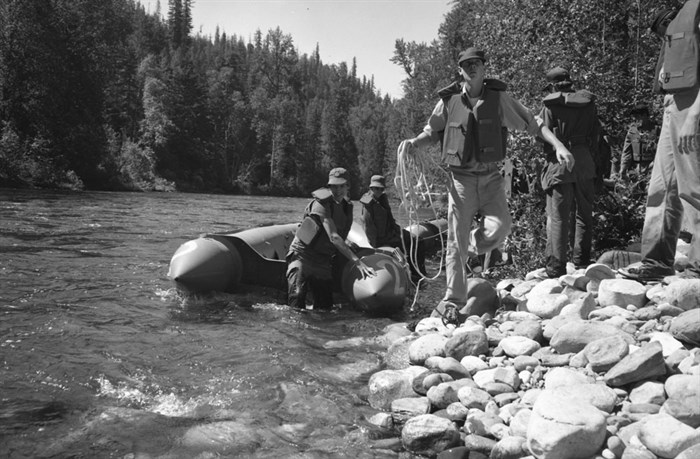 Cadets doing the watermanship course on the Shuswap River in 1973.