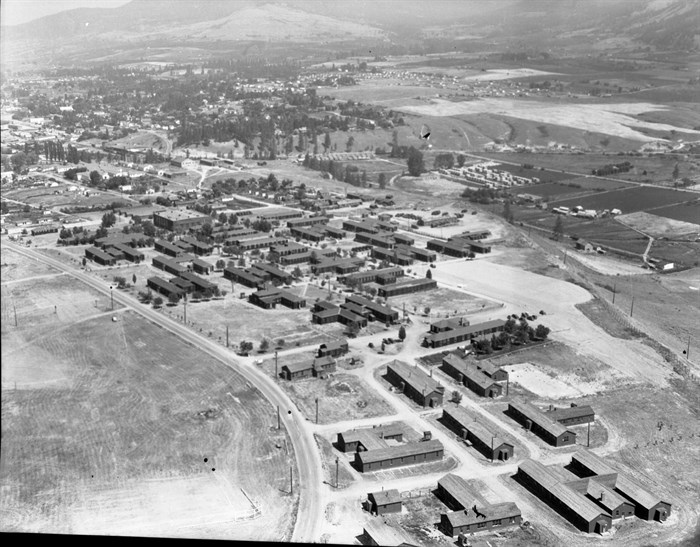 An aerial shot of the Vernon Military Camp in 1950, lined up with a similar angle as the 1939 image above.