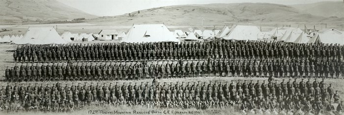 The Rocky Mountain Rangers at the Vernon Military Camp in 1916. The photographer stood where the baseball diamonds are next to Highway 97. 