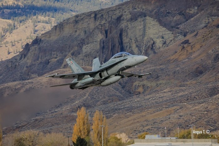 A CF-188 Hornet jet with the Royal Canadian Air Force lifts off from the Kamloops airport on Remembrance Day. 