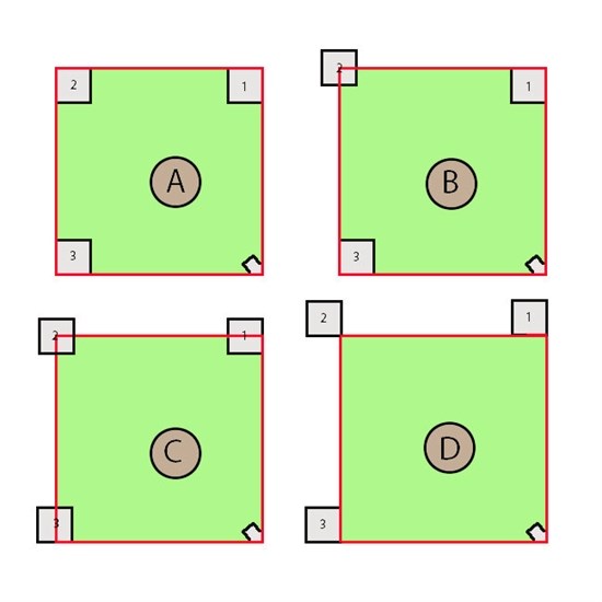 Only one of these layouts accurately reflects official baseball rules governing placement of bases on baseball fields. Which one: A, B, C or D?