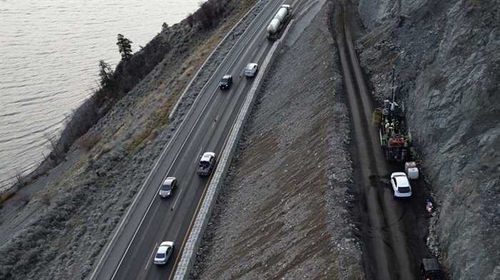 To manage the initial emergency, a 22-metre high temporary soil and rock berm was constructed along the toe of the slide to resist further slope movement. This temporary berm acts as a buttress for holding back slide movement until long term stabilization measures can be implemented.