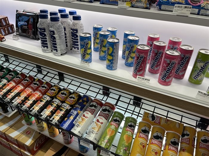 Mentos flavoured drinks and an array of Pringles. 