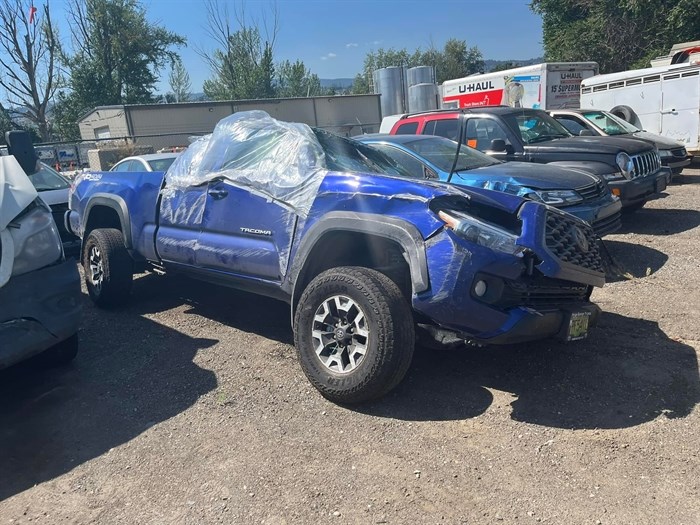 This Toyota Tacoma was smashed in a head on accident on Highway 1 near Deadman Vedette Road near Kamloops on July 30, 2022.