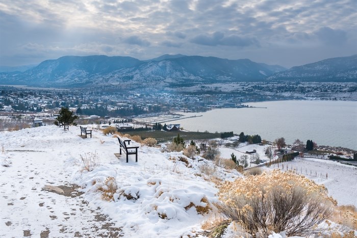 Winter view of Penticton with a view of Okanagan Lake and mountains