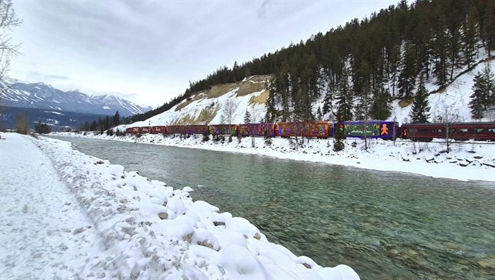 The CPKC Holiday Train rolls through Golden, BC in the early afternoon on Dec. 16, 2024.