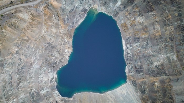 An aerial view of the Copper Mountain Mine’s Ingerbelle pit in sm?lqmíx homelands, pictured on Nov. 16, 2024.