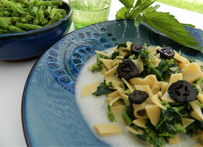 Stinging Nettle pasta with various greens on the side. 