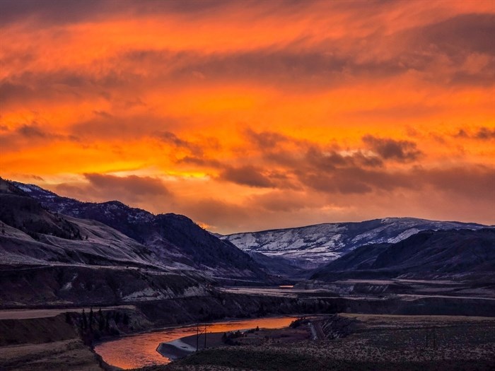 A dusting of snow on the tops of hills overlooking Kamloops is seen in this photo taken on Dec. 24, 2024.