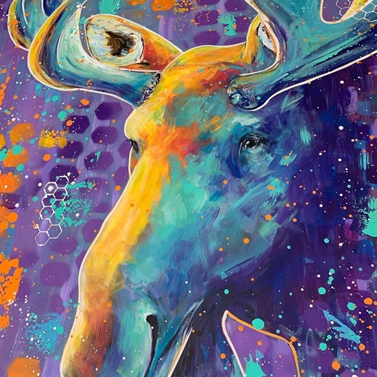 One of Coldstream artist Jordan Perkins acrylic paintings is a brightly coloured moose.