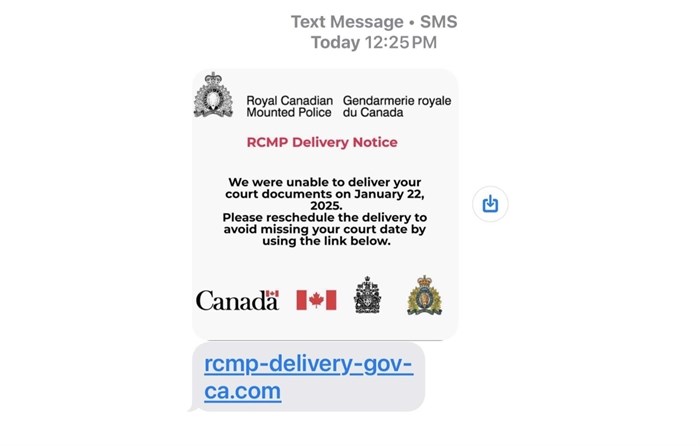 A screenshot of the scam text that Kelowna RCMP are warning people about on Jan. 24, 2025.